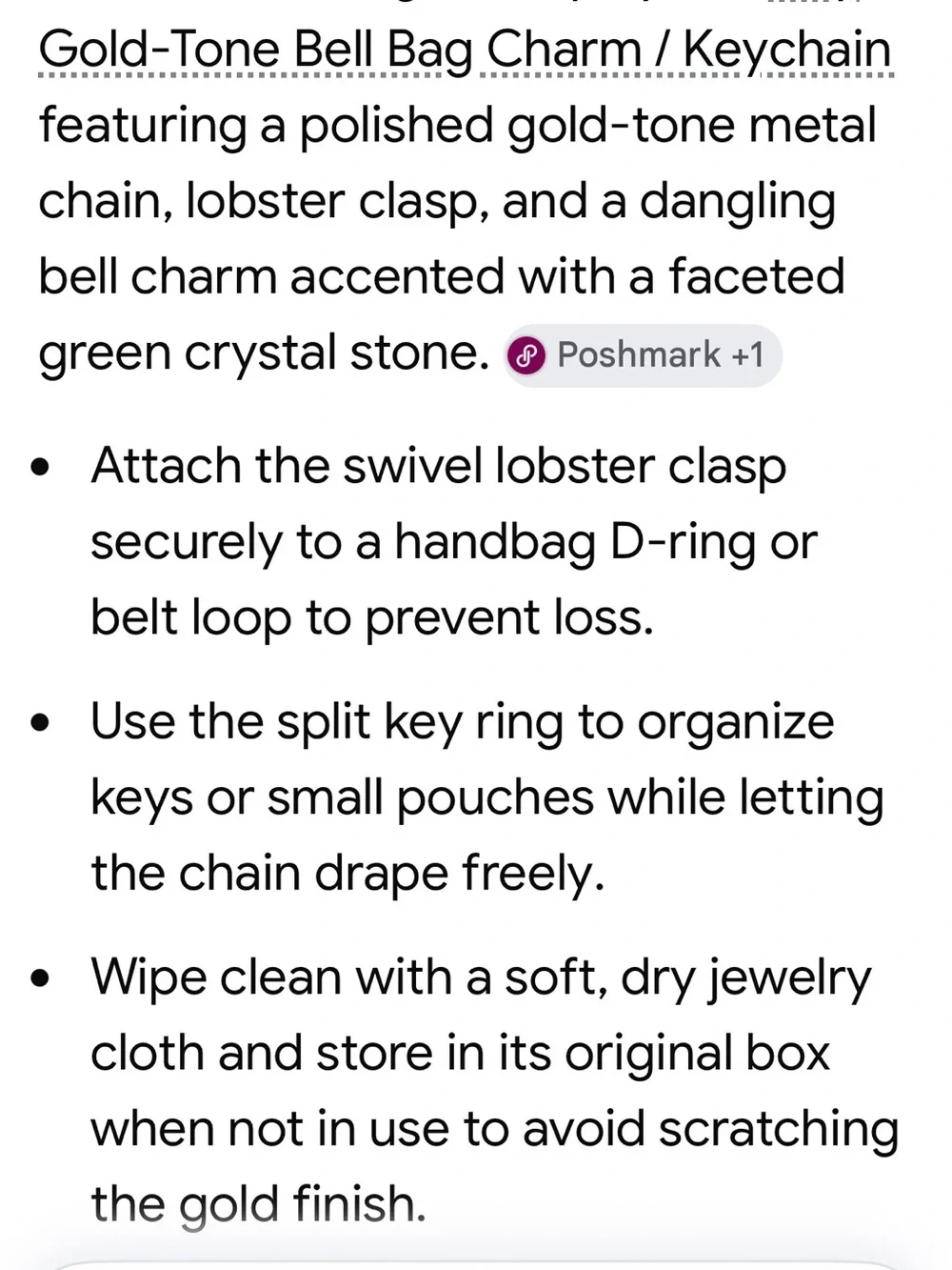 Effy Bell bag charm Gold-Tone Keychain with Green Stone bell Charm NEW IN BOX